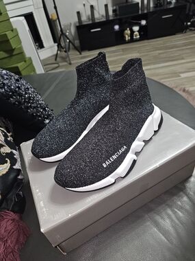 NEW Balenciaga SPEED LT Sneaker Black Silver Glitter Knit Metal Fabric  Size 37